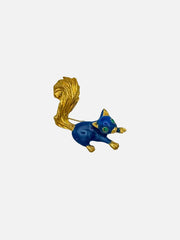 NES VINTAGE Vintage Gold Plated Blue Enamel Squirrel Brooch with Green Eyes - Brooches & Lapel Pins BROŞ