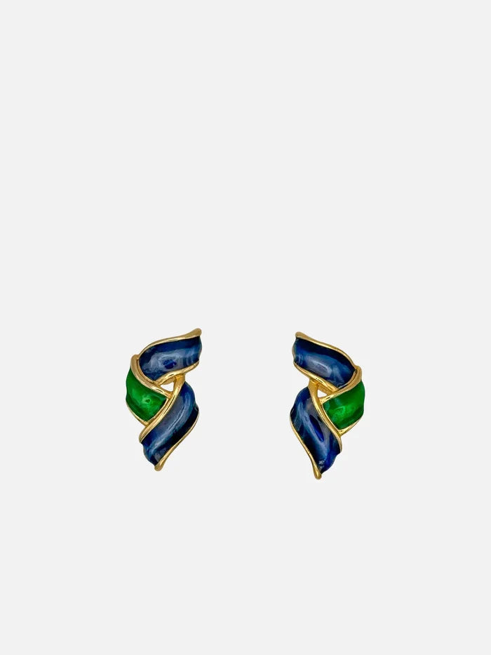 NES VINTAGE Vintage Ribbon Design Navy & Emerald Green Enamel Earrings - Earrings KÜPE