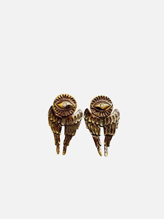 NES VINTAGE Vintage Style Brass Winged Eye Earrings with Crystal Pupil – brass, iki adet ön görünüm