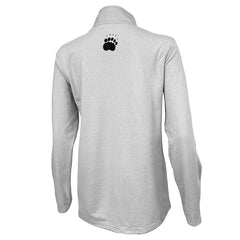 Back of women's light grey heather 1/4-zip pullover shirt with small black paw print on high upper back.