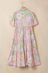Floral Print Short Puff Sleeve High Waist Tiered Dress