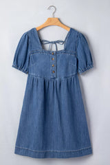 Button-Front Puff Sleeve Denim Dress