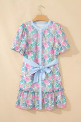 Floral Print Striped Contrast Trim Belted Short Dress