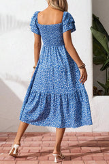 Ditsy Floral Print Smocked Square Neck Ruffle Short Sleeve Dress