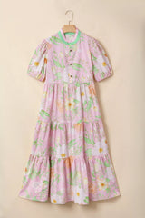 Floral Print Short Puff Sleeve High Waist Tiered Dress