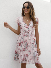 Pleated Floral Print Ruffle Sleeve Dress