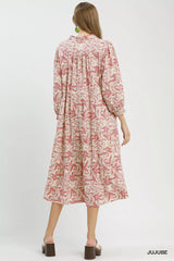 Umgee Linen Botanical Print Tiered Midi Dress