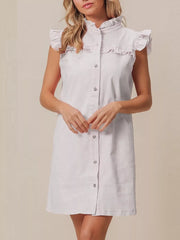 Ruffled Trim Button-Down Denim Dress