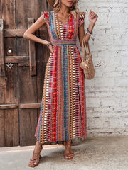Boho Print Ruffle Sleeve Slit Dress