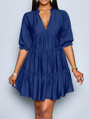 Notched Half Sleeve Tiered Dress