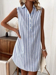 Sleeveless Striped Button Detail Shirt Dress
