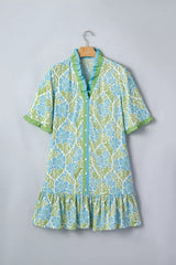 Floral Print Ruffle Hem Button-Up Mini Dress