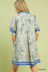 Umgee Floral Puff Sleeve Dress with Contrast Trim