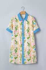 Multicolour Floral Print Striped Trim Button Down Shift Dress