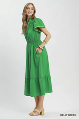 Umgee Contrast Trim Midi Dress with Tiered Ruffle Hem