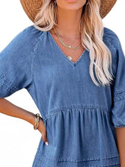 Casual V-Neck Puff Sleeve Denim Mini Dress