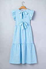 Knot Back Ruffled Short Sleeve Gingham Maxi Dress