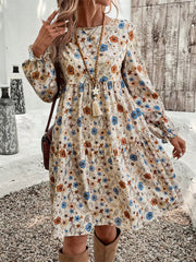 Floral Print Ruffle Hem Long Sleeve Casual Dress