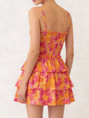 Cutout Floral Print Ruffle Layered Mini Dress