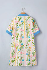 Multicolour Floral Print Striped Trim Button Down Shift Dress
