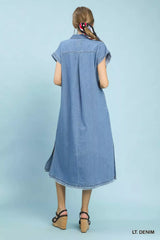 Umgee Stone Washed Collared Denim Midi Dress