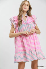 Umgee Mix Patchwork Flutter Sleeve Tiered Dress