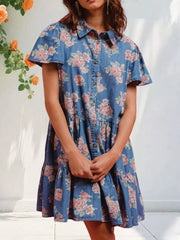 Floral Print Denim Button-Down Tiered Mini Dress