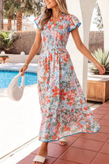 Floral Print V Neck Contrast Trim Flutter Sleeve Long Dress