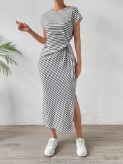 Striped Tie Side Casual Midi Dress