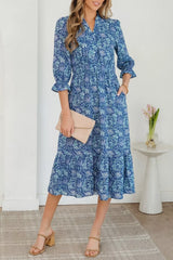 Floral Printed Frilled V Neck Bracelet Sleeve Long Dress