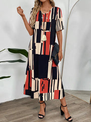 Abstract Geometric Print V-Neck Midi Dress