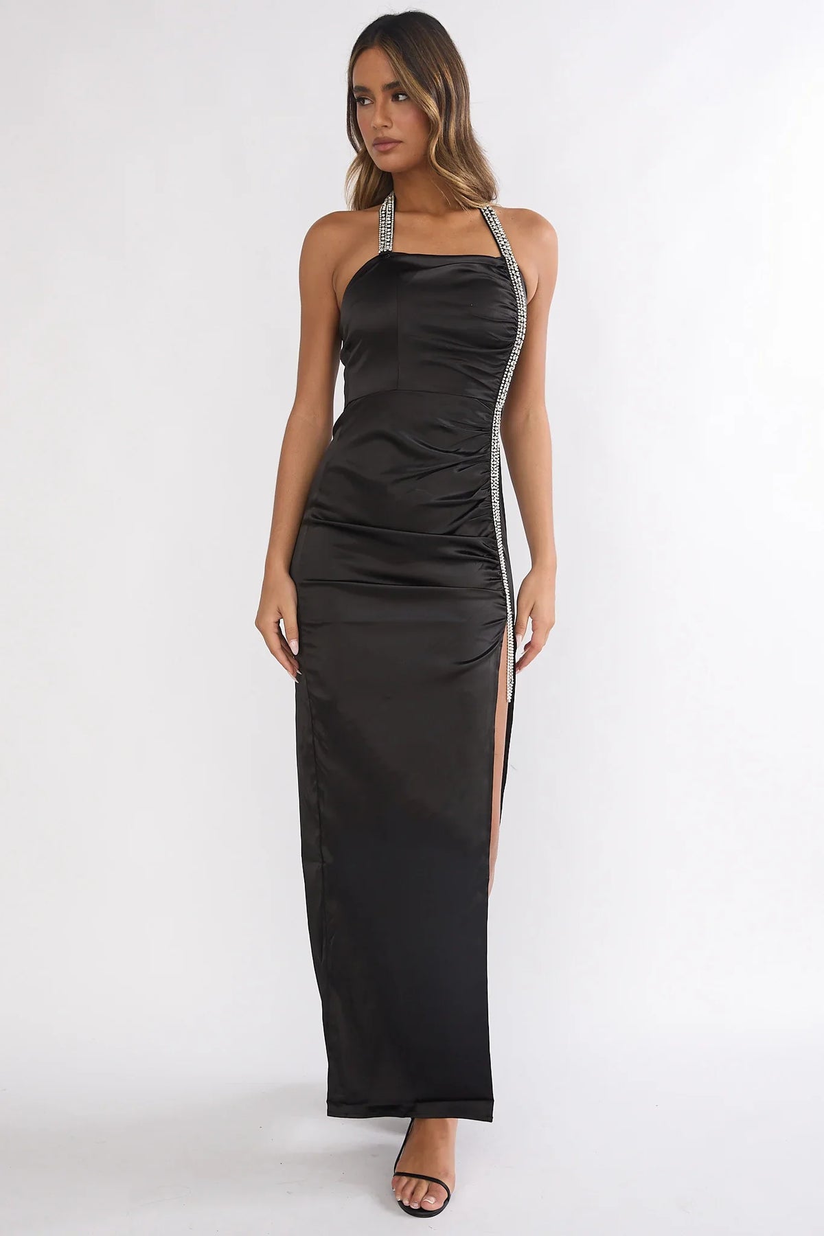 Glitterati Halter Diamante Maxi Dress Black