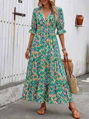Printed V-Neck Flounce Sleeve Dress