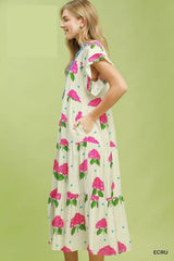 Umgee Hydrangea Print Tiered Midi Dress