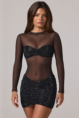 Sheer Embellished High-Neck Long Sleeve Mini Dress in Black