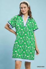 Umgee Printed Split Neck Short Sleeve Shift Dress