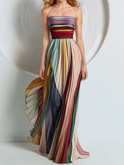 Striped Pleated Tube Maxi Dress