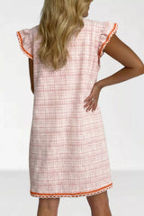 Jacquard Textured Contrast Trim Short Sleeve Tassel Tie Shift Dress