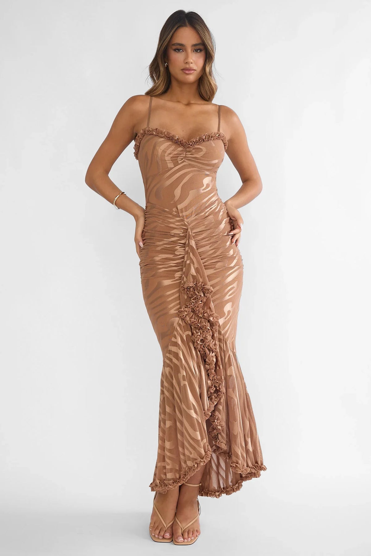 Everine Ruched Frill Trim Maxi Dress Mocha