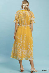 Umgee Floral Print Tie Waist Midi Dress with Side Pockets