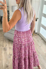 Ribbed V Neck Tank Floral Contrast Patchwork Dress