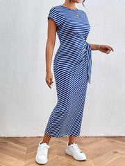 Striped Tie Side Casual Midi Dress