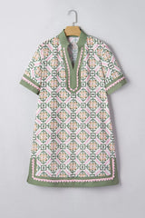 Multicolour Boho Geometric Flower Print Short Sleeve Loose Mini Dress