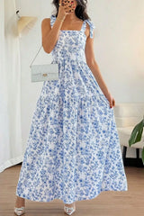 Floral Print Knot Straps High Waist Flared Maxi Dress
