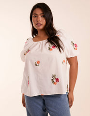 Curve Milkmaid Flower Embroidered Top