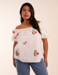 Curve Milkmaid Flower Embroidered Top