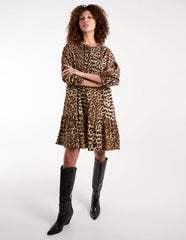 Leopard Print Shirred Front Tie Neck Smock Dress