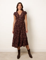 V Neck Midi Dress With Shirred Waist Button Front