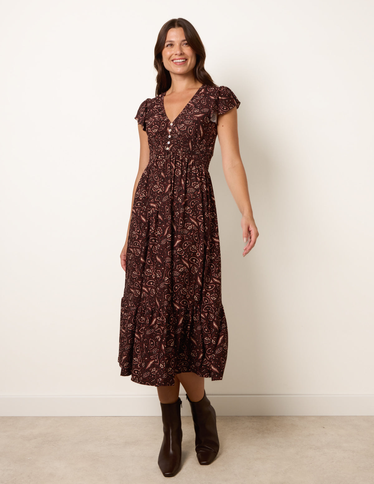 V Neck Midi Dress With Shirred Waist Button Front