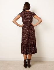 V Neck Midi Dress With Shirred Waist Button Front